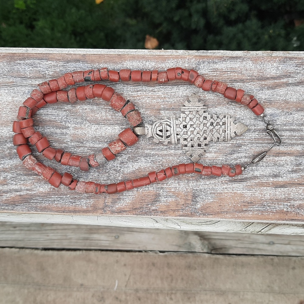 Coptic Cross Strung With Rustic Red Beads - Picture 2 of 4